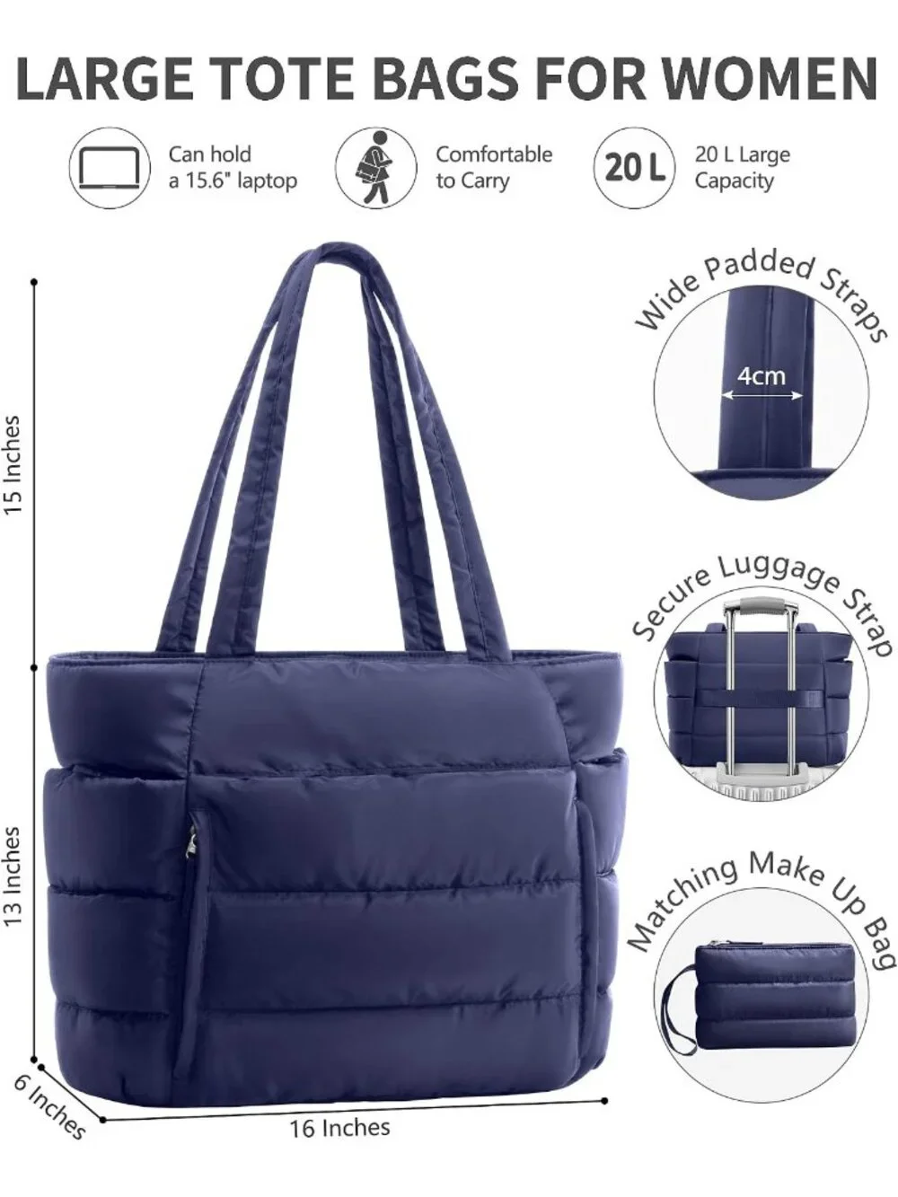 👜Women's Navy Blue Puffer Tote Bag 16 Pockets Work Gym Travel Laptop Handbag
